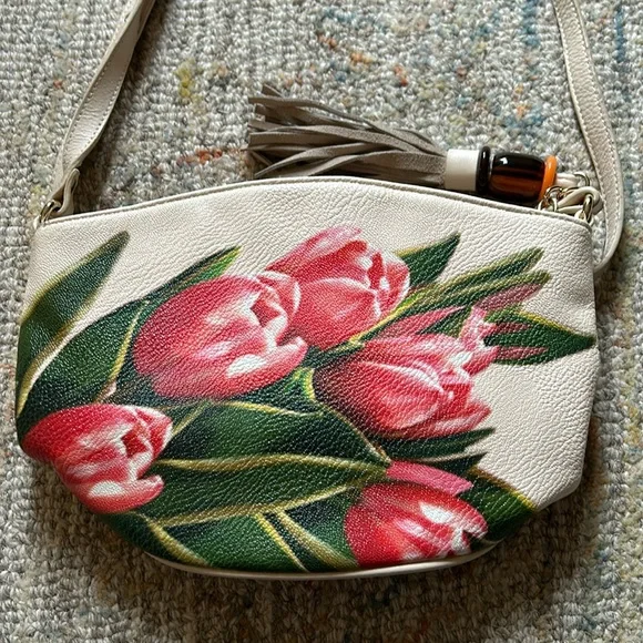 Vintage Sharif Pink/Green Hand Painted Tulip Crossbody Bag